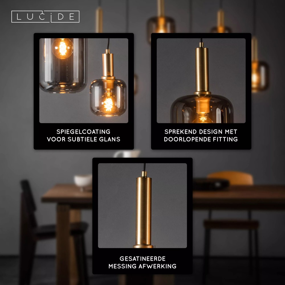 6-light pendant lamp Joanet Straight gold with smoke glass Lucide 5411212451446