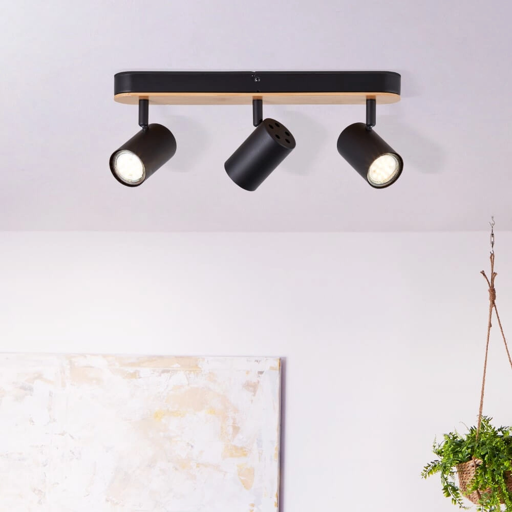 Ceiling light Niels 3-light black with wood Brilliant 4004353412059