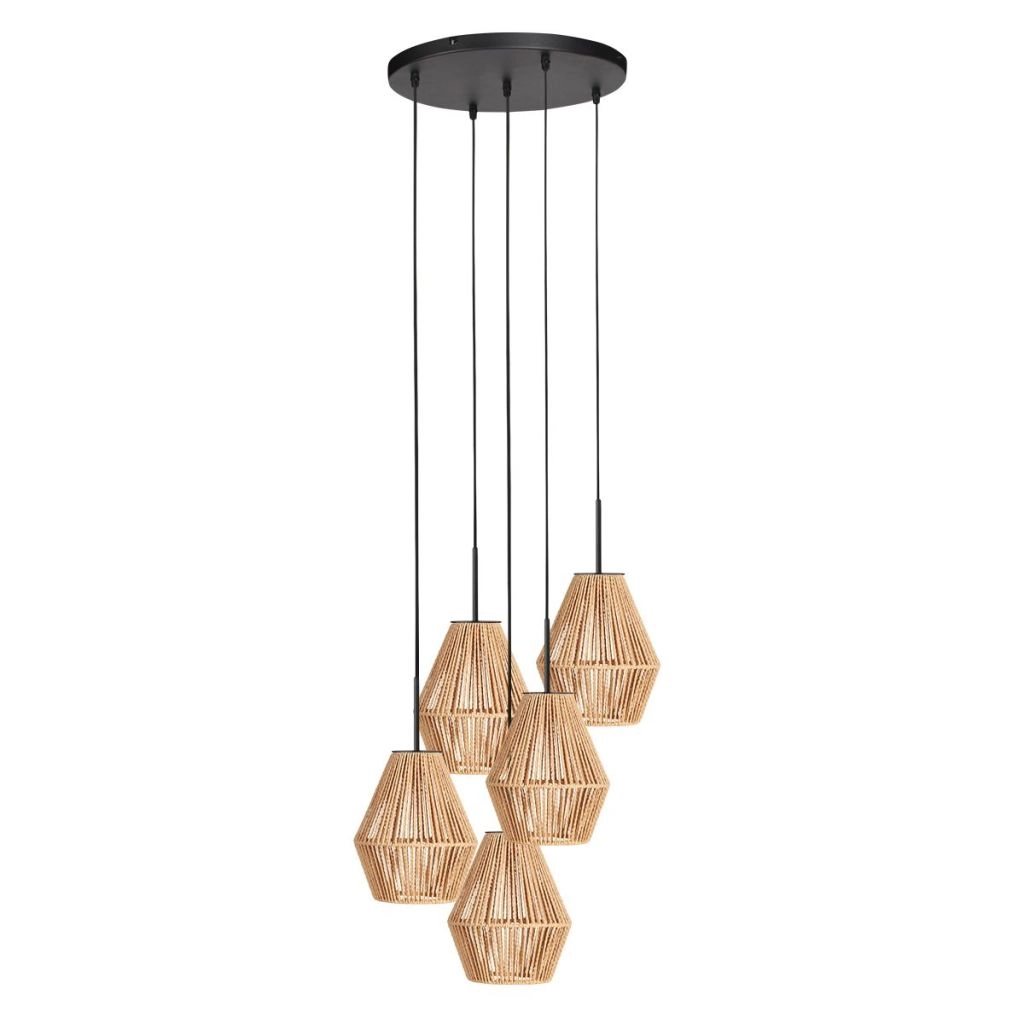 Pendant lamp 5-lights Ropex with rattan hoods