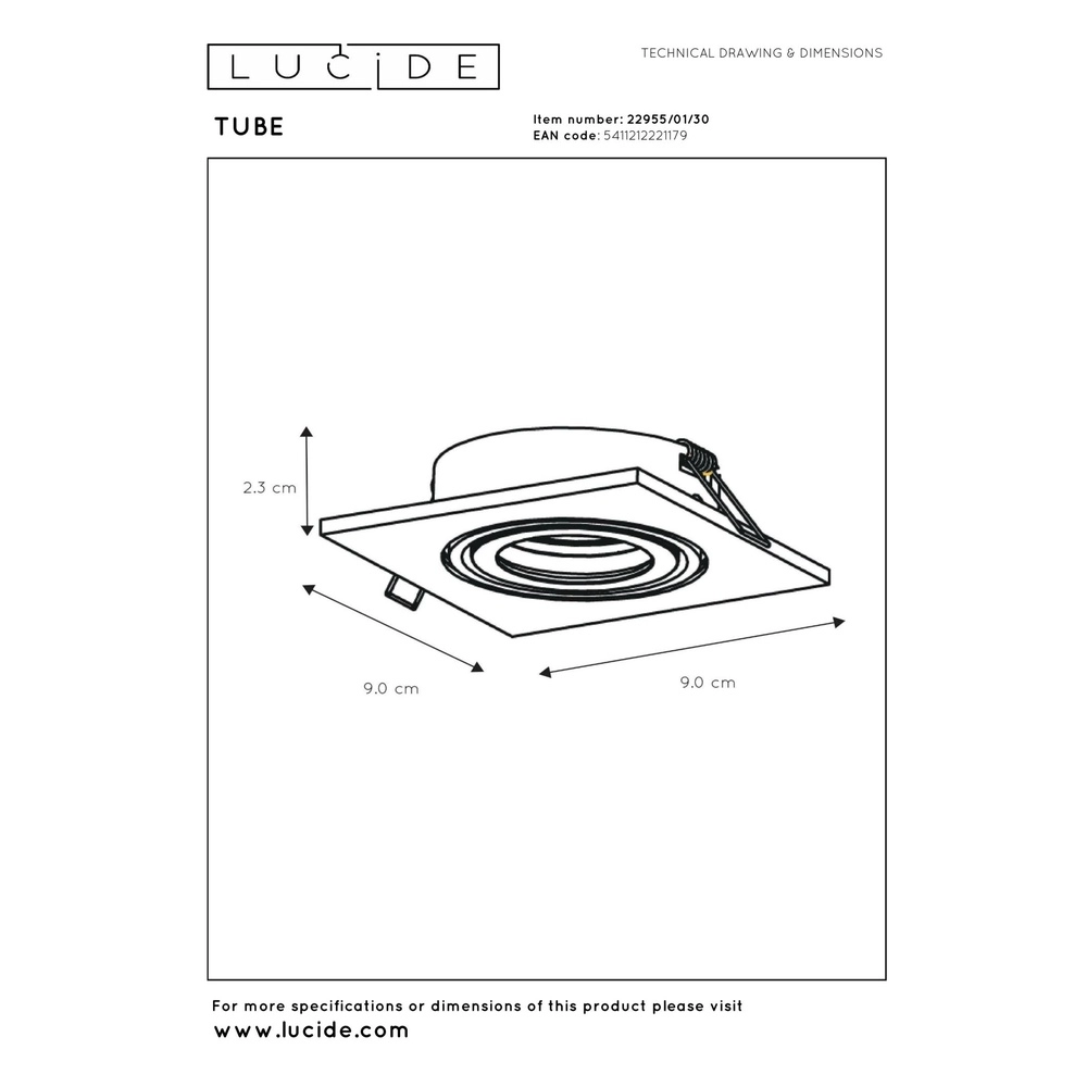 Recessed spotlight Tube Square Black Lucide 5411212221179