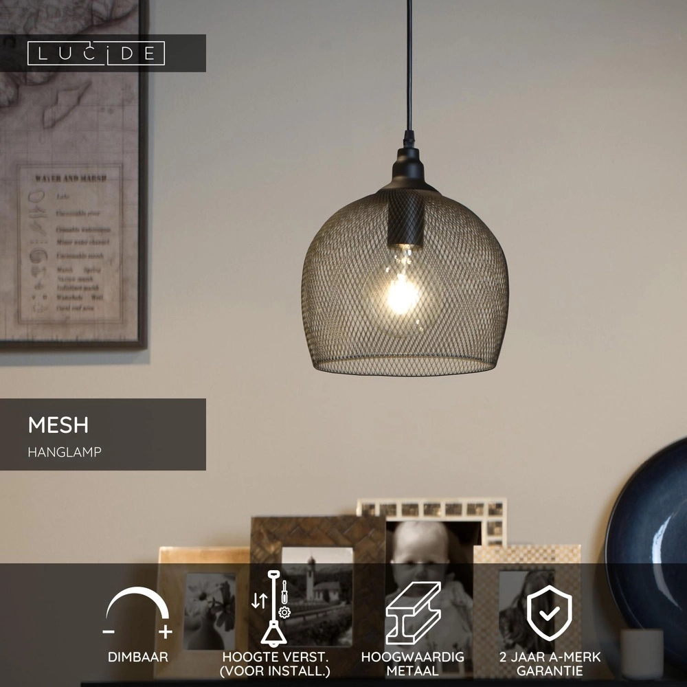 Mesh pendant lamp Mesh Ø 22cm black Lucide 5411212430380