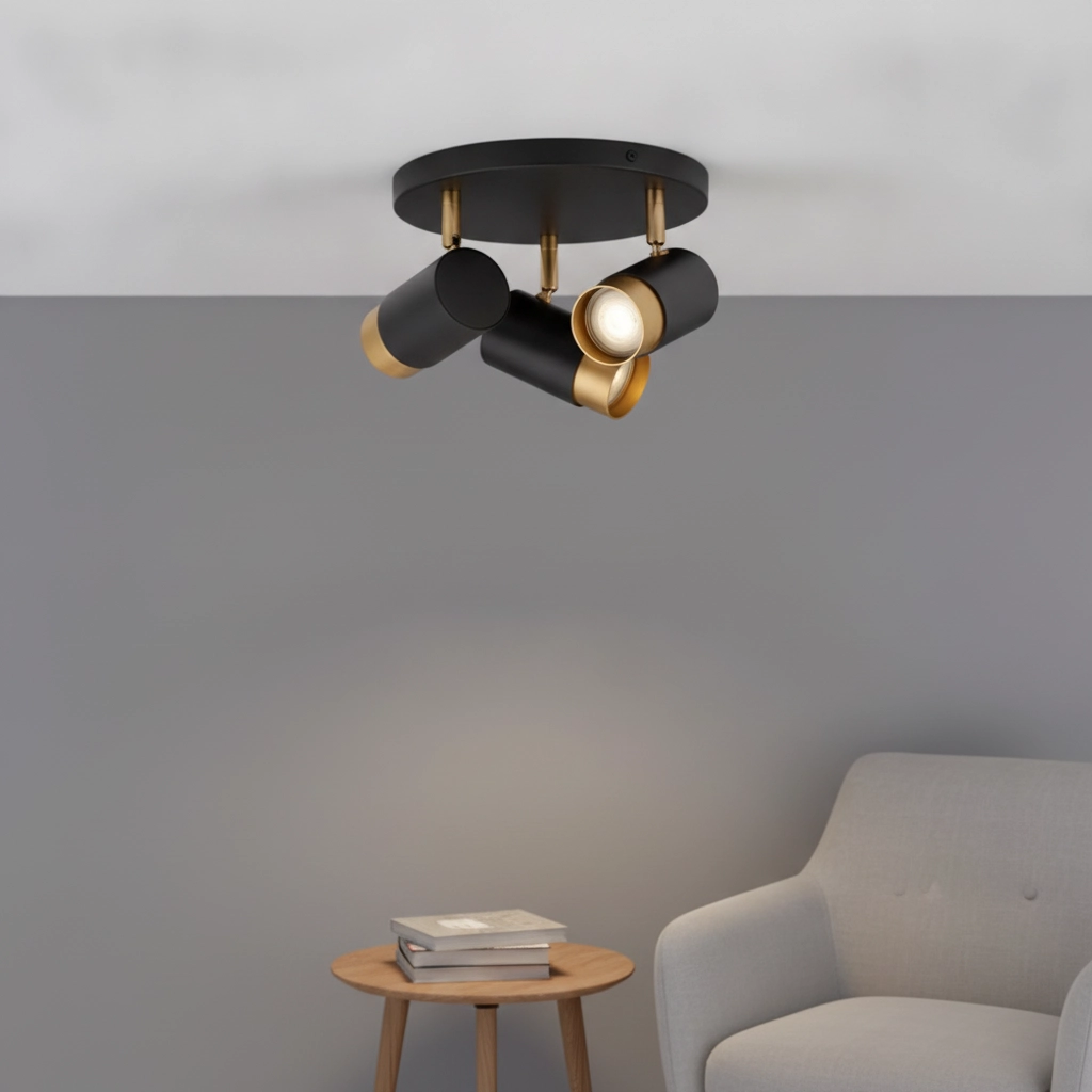 Ceiling spotlight Pogno 3-light black with gold round