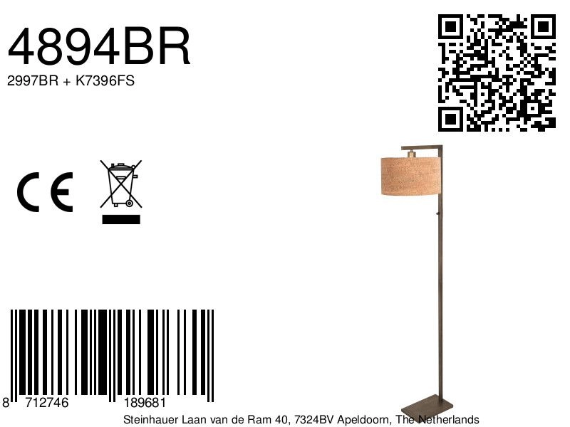 Floor lamp bronze Stang with cork cap Steinhauer 8712746189681