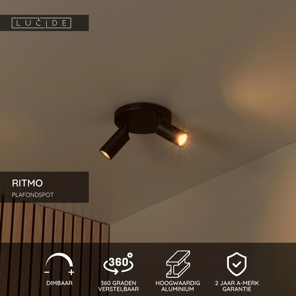 Ceiling spotlight Ritmo mini GU10 2-light black Lucide 5411212093974