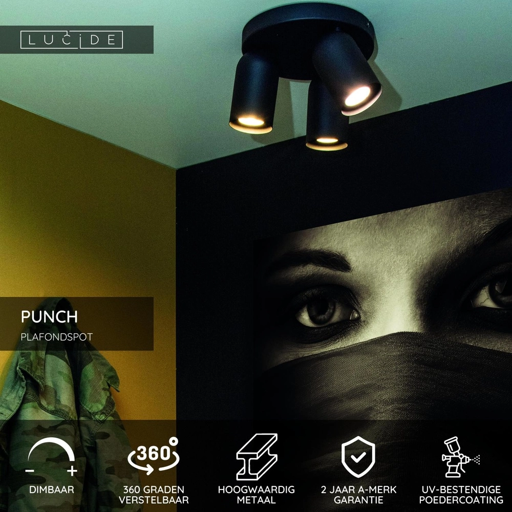 Ceiling spotlight Punch 3-light black Lucide 5411212134349