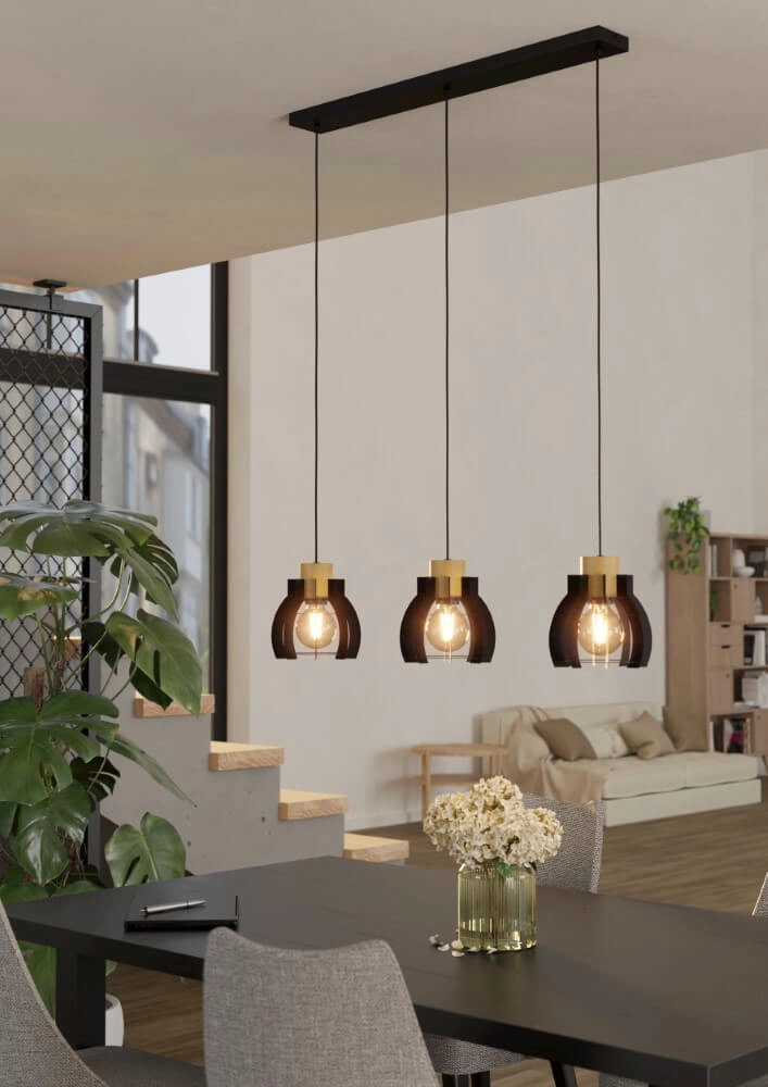 3-light hanging lamp Stillington 1 black with wood Eglo 9002759439255
