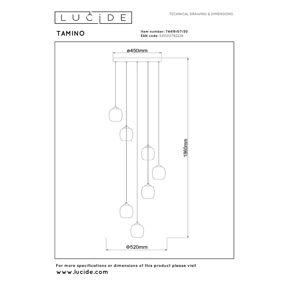 7-light pendant lamp Tamino Black Lucide 5411212792228