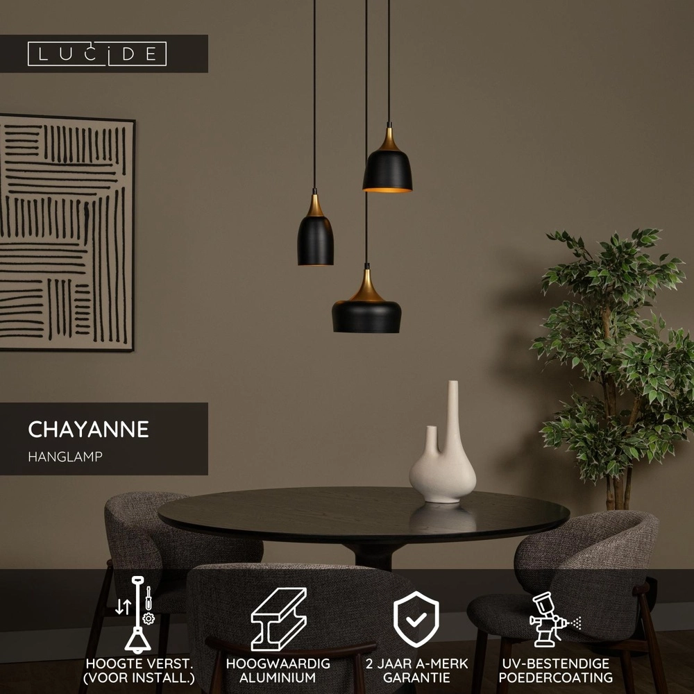 3-light pendant lamp Chayanne Design black with gold Lucide 5411212051561
