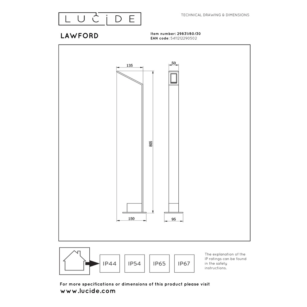 Design garden lamp Lawford 80.5cm black Lucide 5411212290502