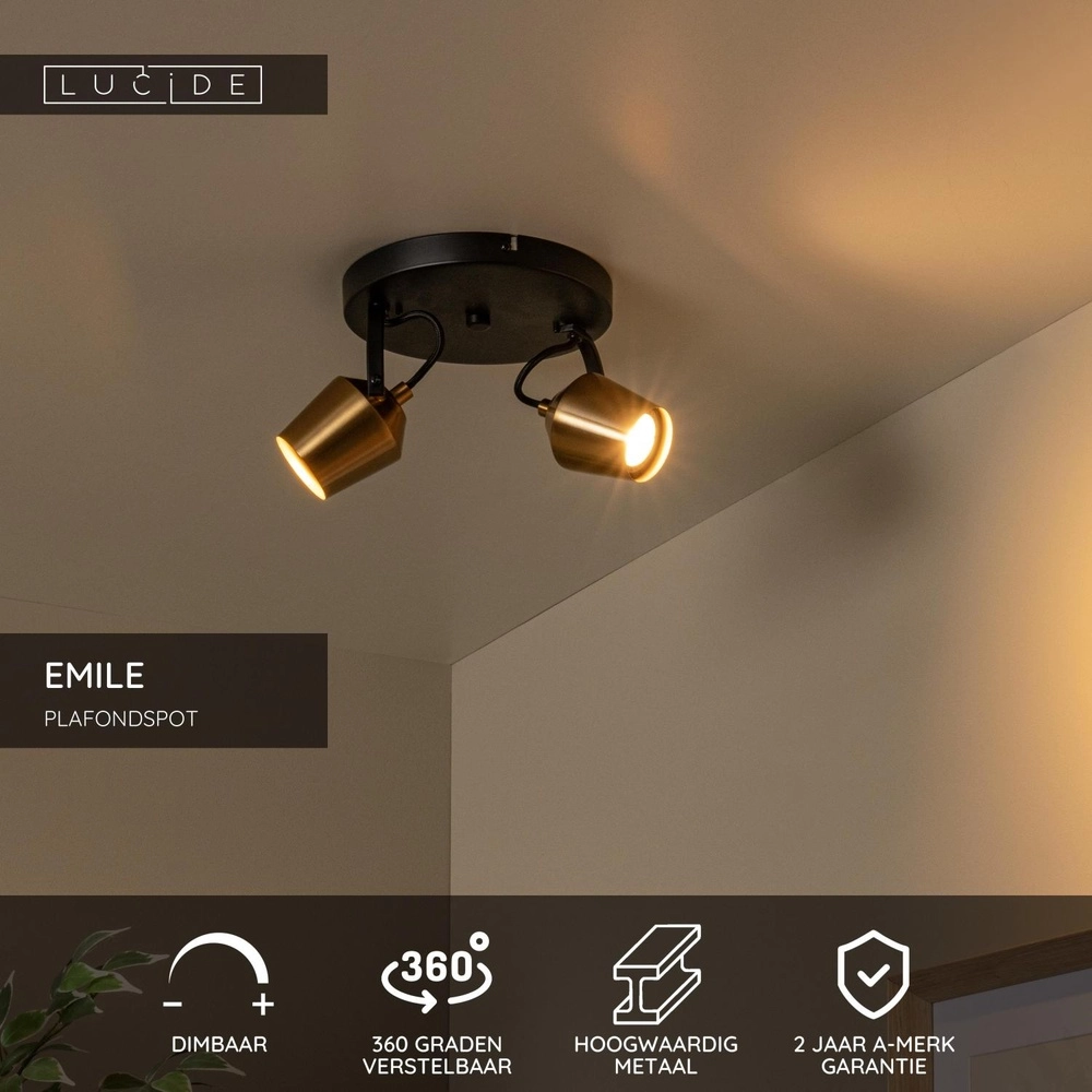 2-light ceiling lamp Emile black with gold Lucide 5411212510082