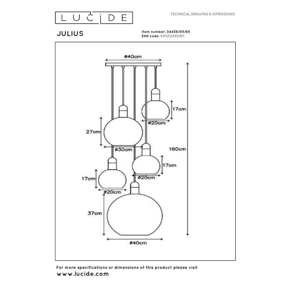5-light pendant lamp Julius smoke glass Lucide 5411212343451
