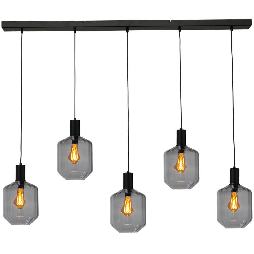 5-light hanging lamp - black - Porto with Jagger smoke glasses