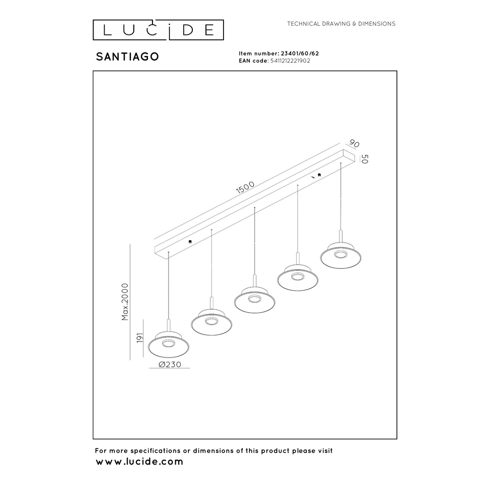 Dining room pendant lamp Santiago led - champagne - 5x Ø 23cm Premium by Lucide 5411212221902