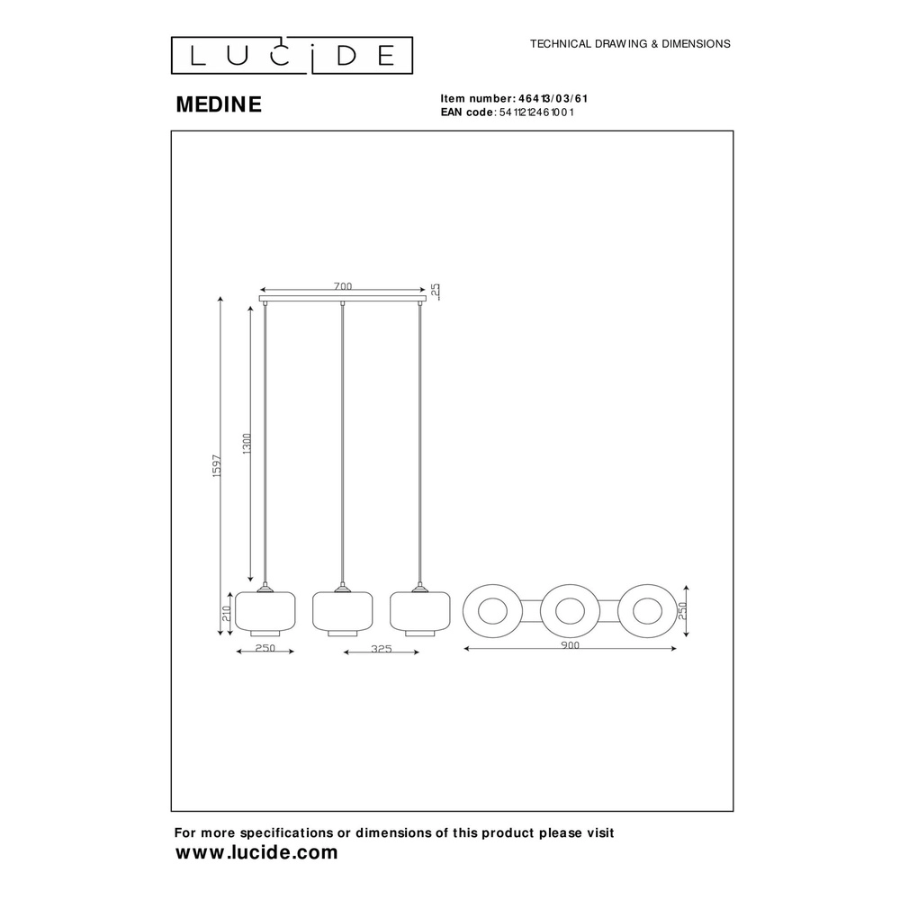 Hanging lamp straight Medine 3-light black with opal Lucide 5411212461001