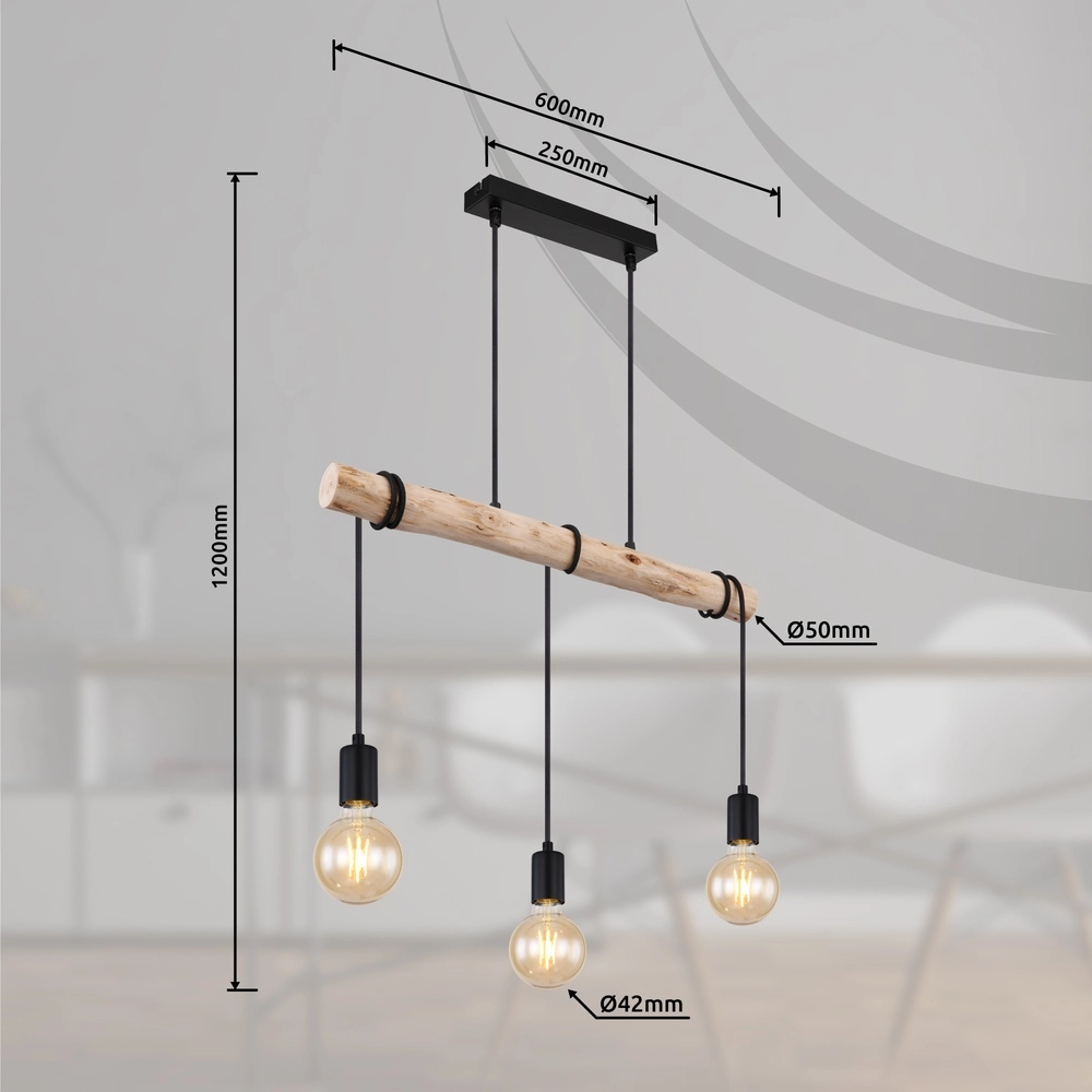 3-light dining table pendant lamp Gregor black with wood Globo 9007371436330