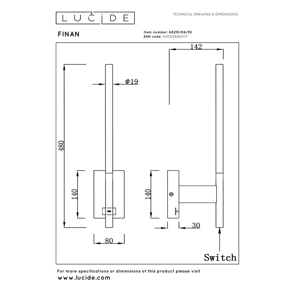 Design wall lamp Finan with USB charging point black Lucide 5411212680013