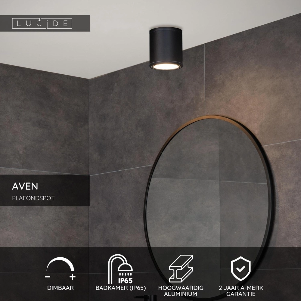 Ceiling spotlight Aven bathroom IP65 black Lucide 5411212221438