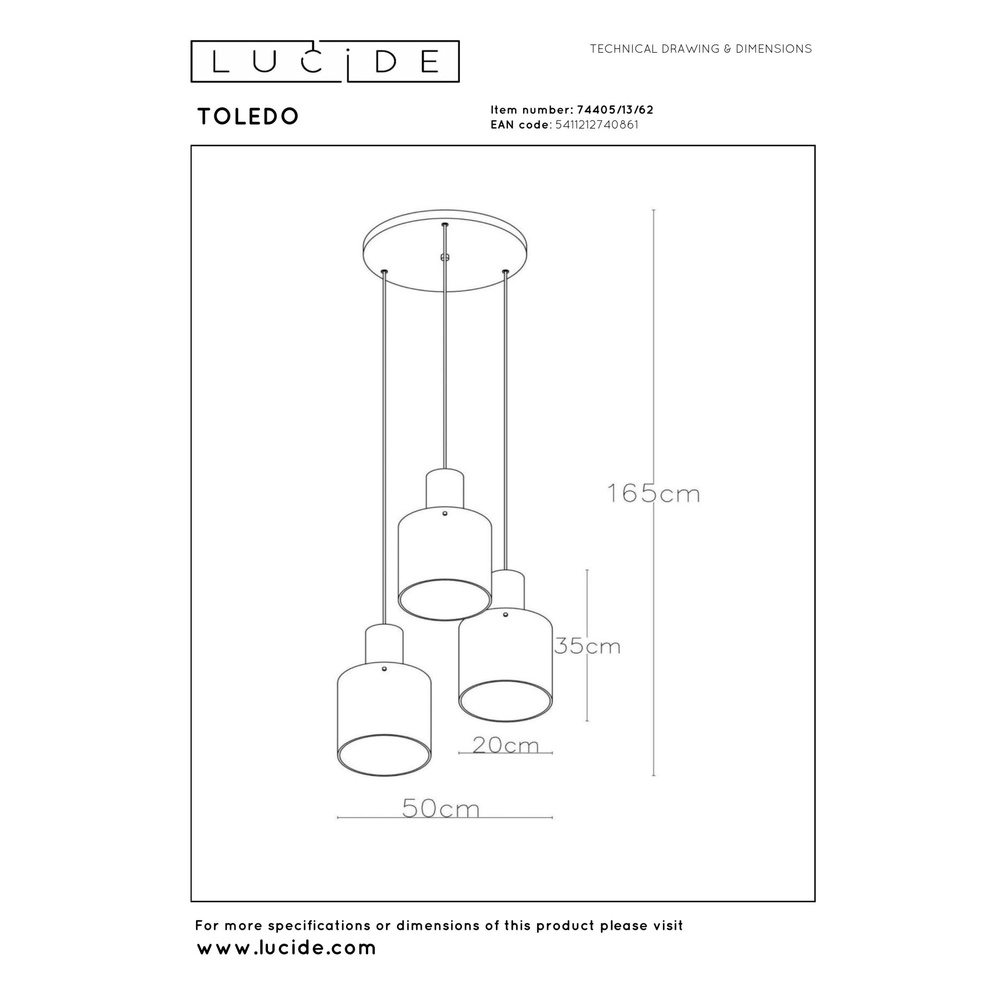 Pendant lamp Toledo Amber glass 3-lights Lucide 5411212740861
