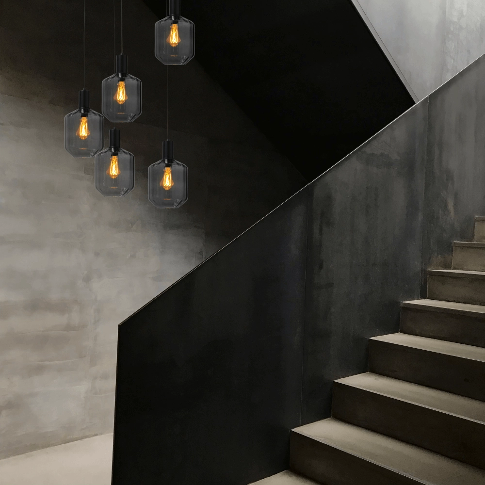 5-light loft hanging lamp - black - Porto with Jagger smoke glasses Masterlight 8718121271149
