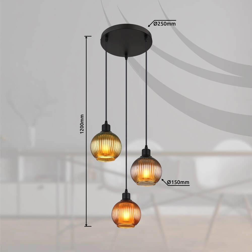 Round pendant lamp Zumba coloured glass 3-light Ø 36cm Globo 9007371449828