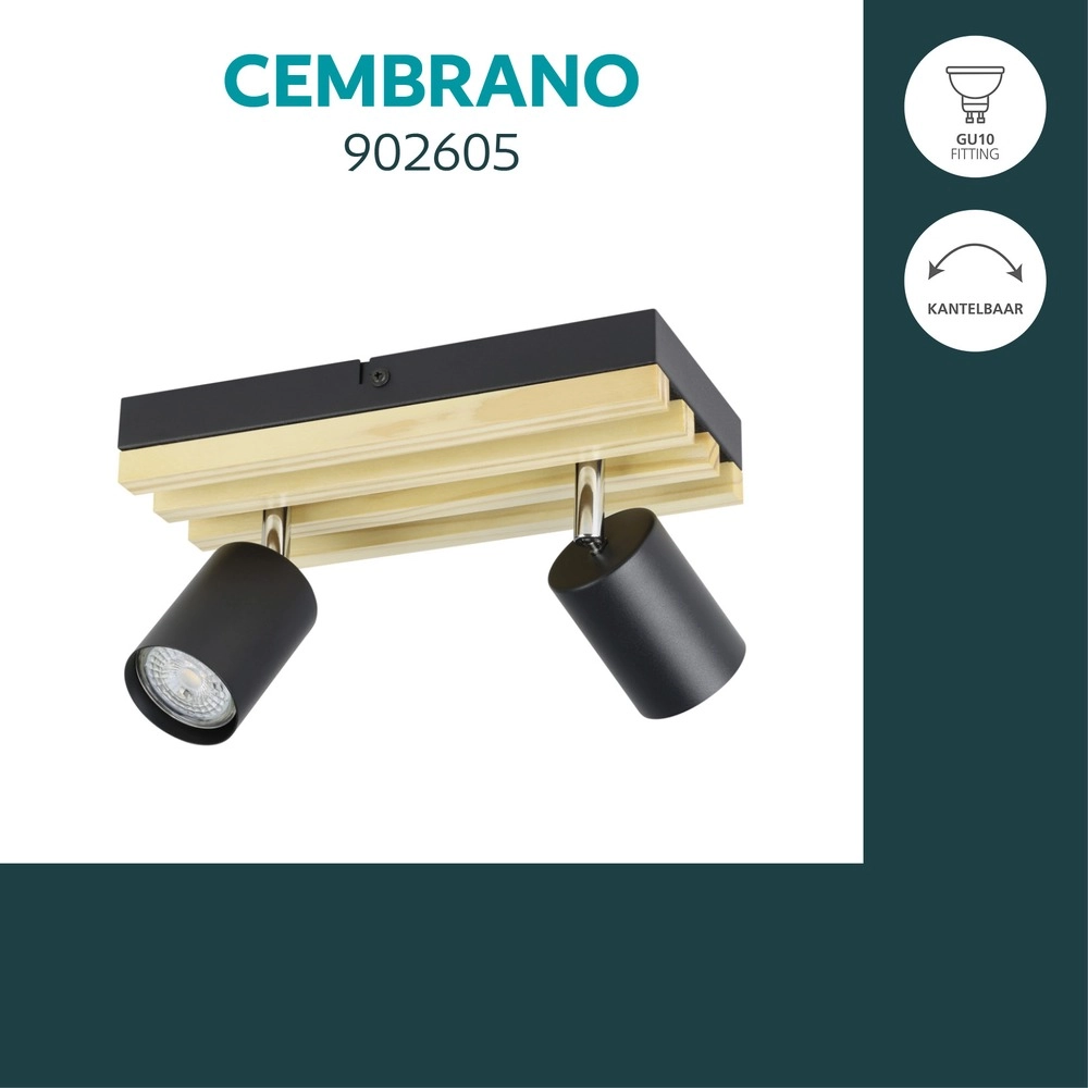 Modern spotlight Cembrano 2-light black with wood Eglo 9008606389056