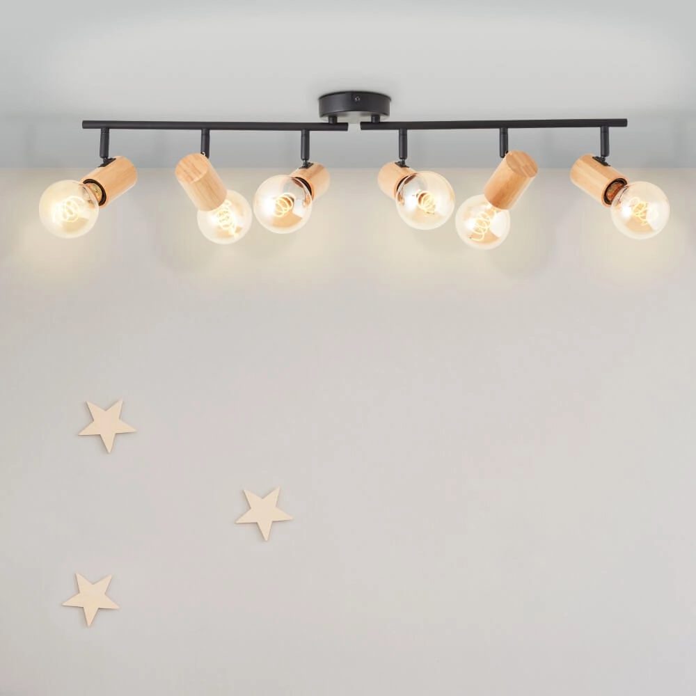 Ceiling light Kerry 6-light black with wood Brilliant 4004353409080