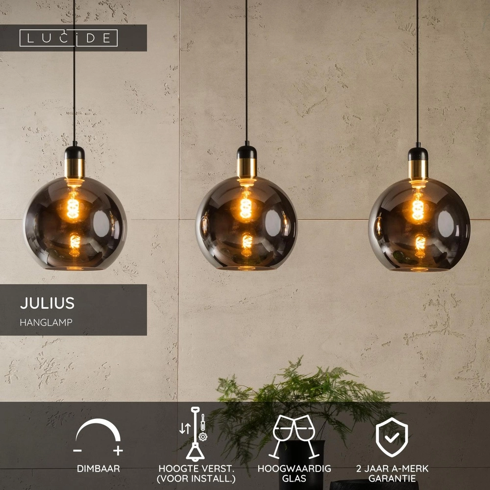 3-light pendant lamp Julius smoke glass Lucide 5411212343444