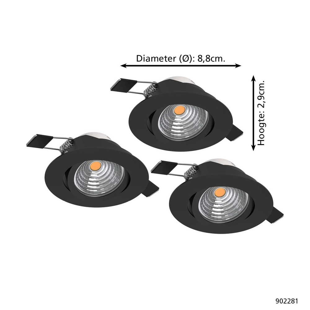 Set of 3 recessed spotlights Saliceto black Ø 8.8cm - 6.4W Eglo 9008606358915