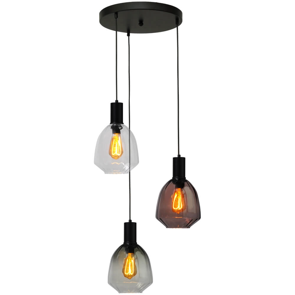 3-light loft hanging lamp - black - Porto with Nicolette glasses