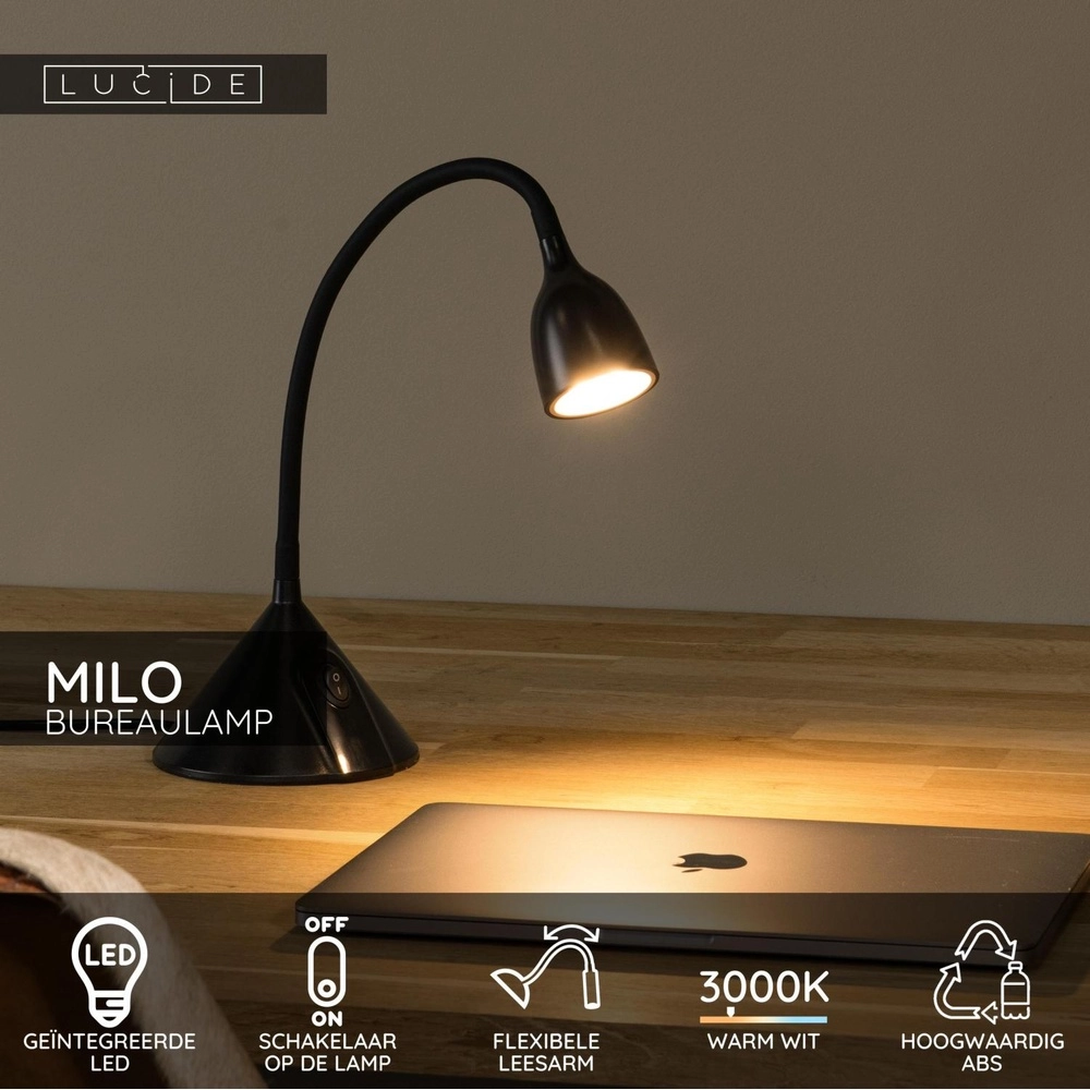 Black desk lamp Milo LED 3.2W Lucide 5411212185891