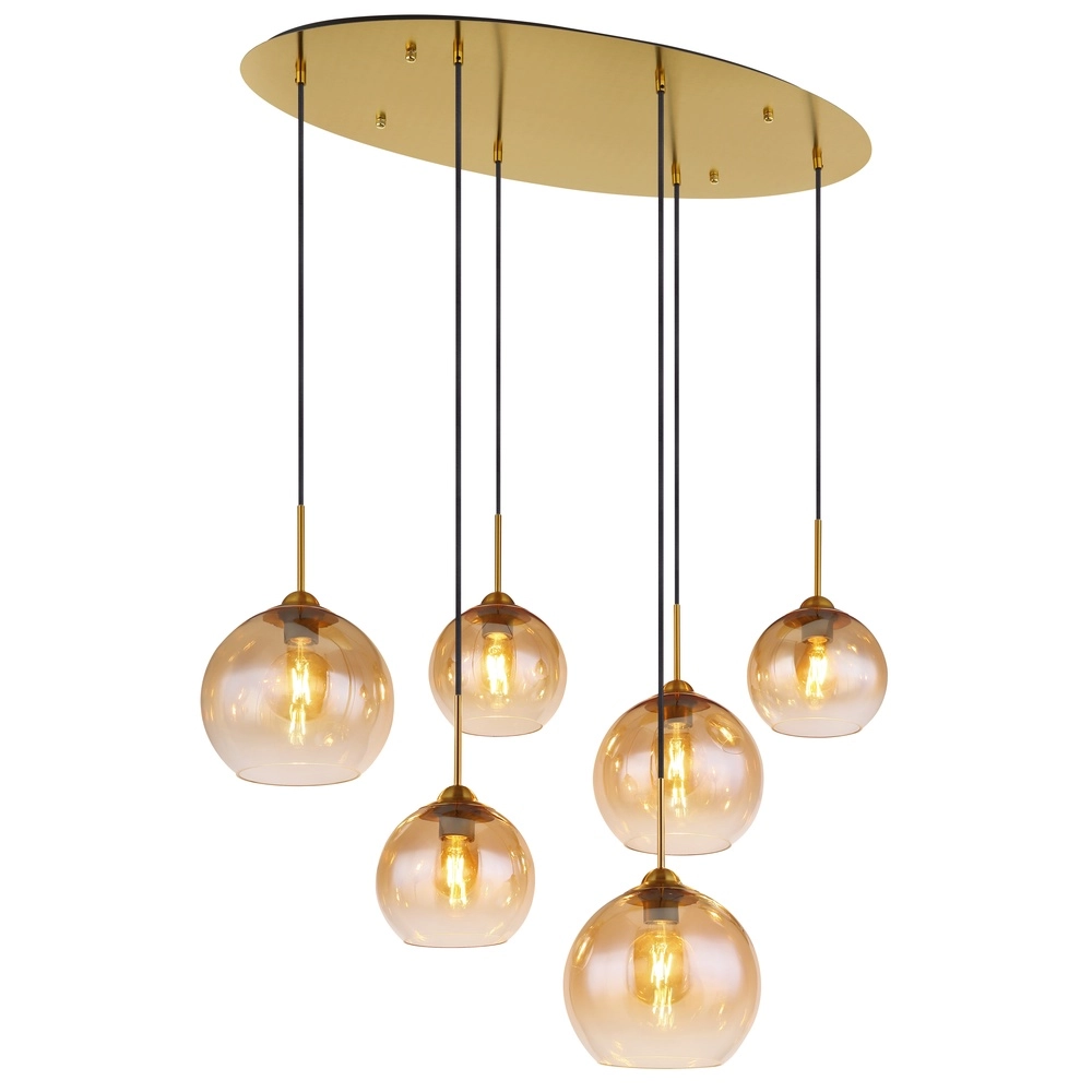 Golden pendant lamp Jamessa 6-light with amber glass