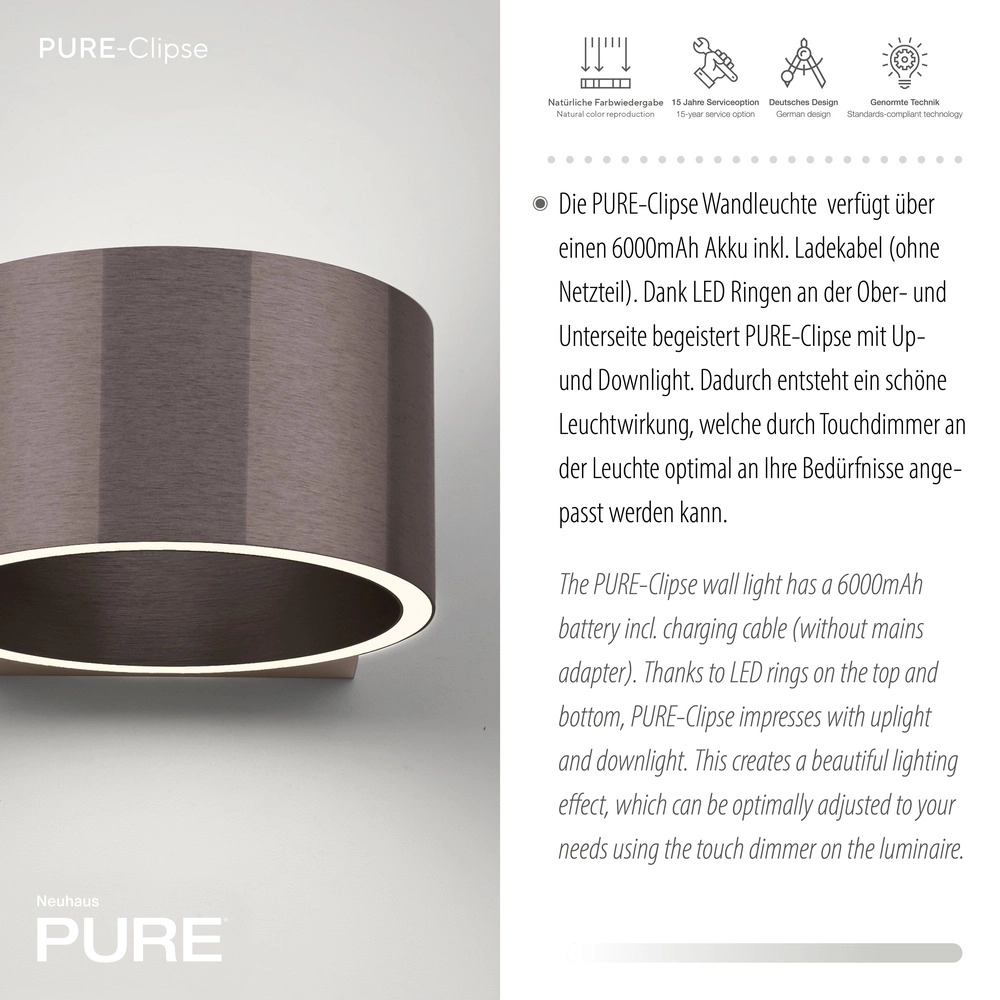 Rechargeable wall lamp Pure Akku Clipse Dark brown brushed Paul Neuhaus 4012248393017