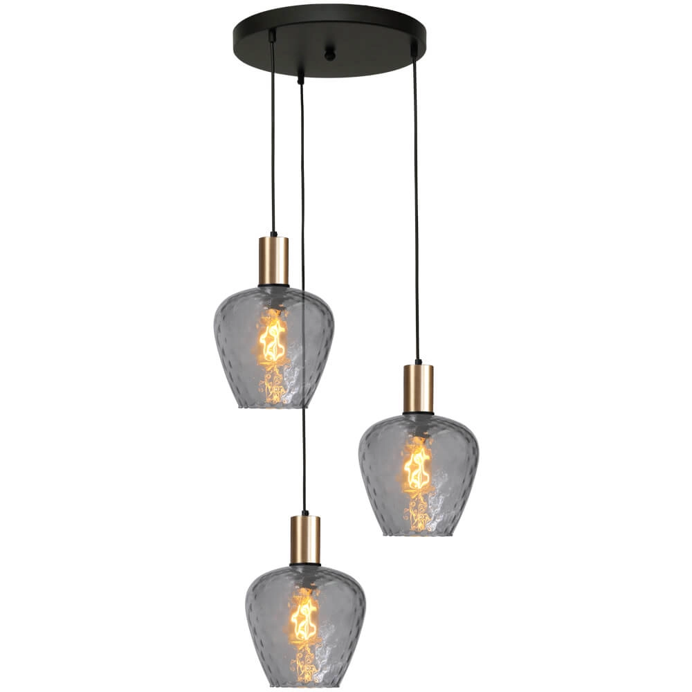 3-light loft hanging lamp - gold - Porto with Diamond smoke glasses