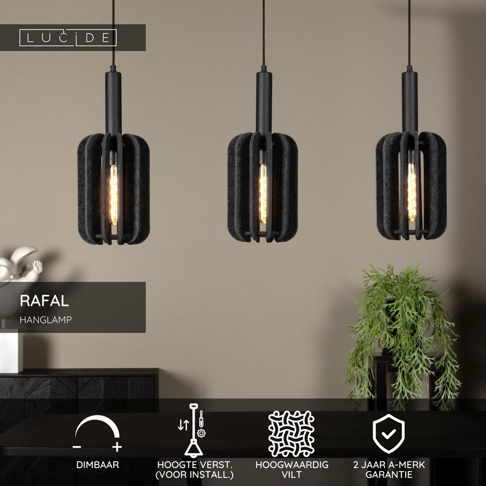 Sleek pendant lamp Rafal 3-light black with grey Lucide 5411212452771