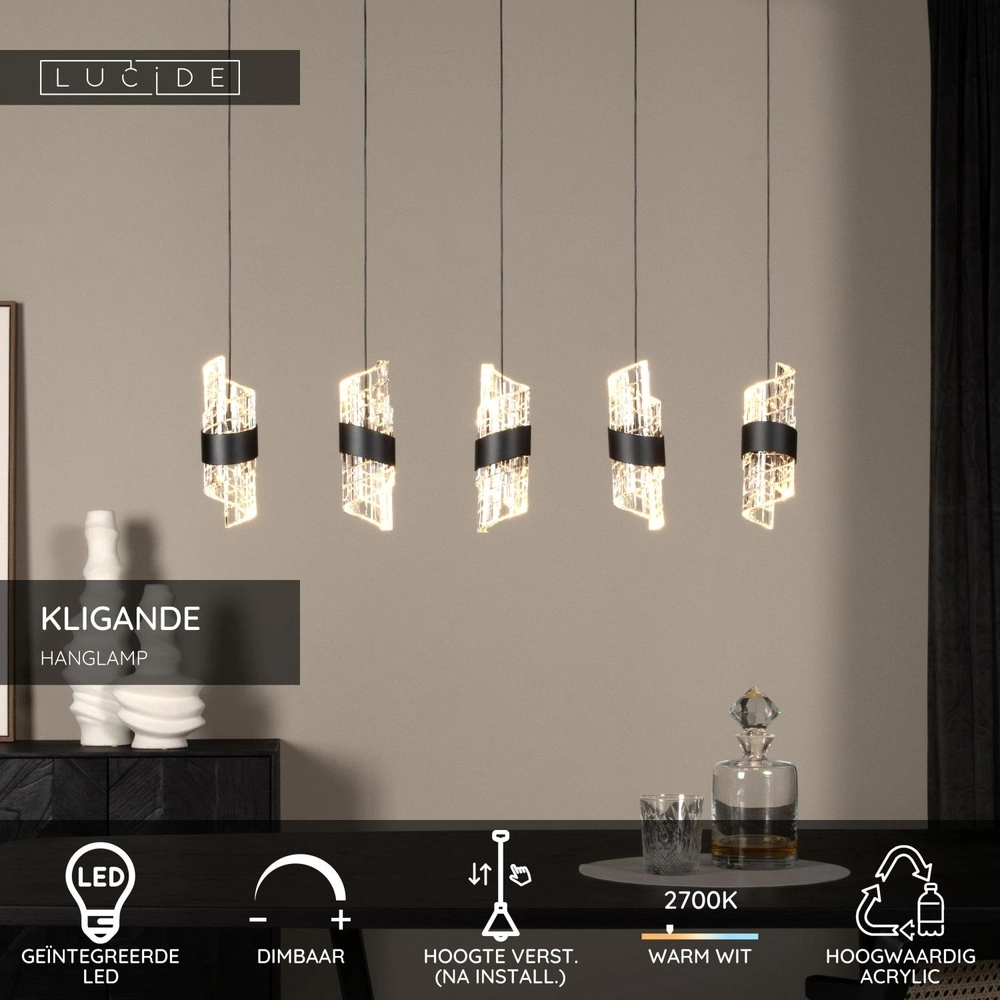 Design pendant lamp Kligande 5-light black straight Lucide 5411212134653