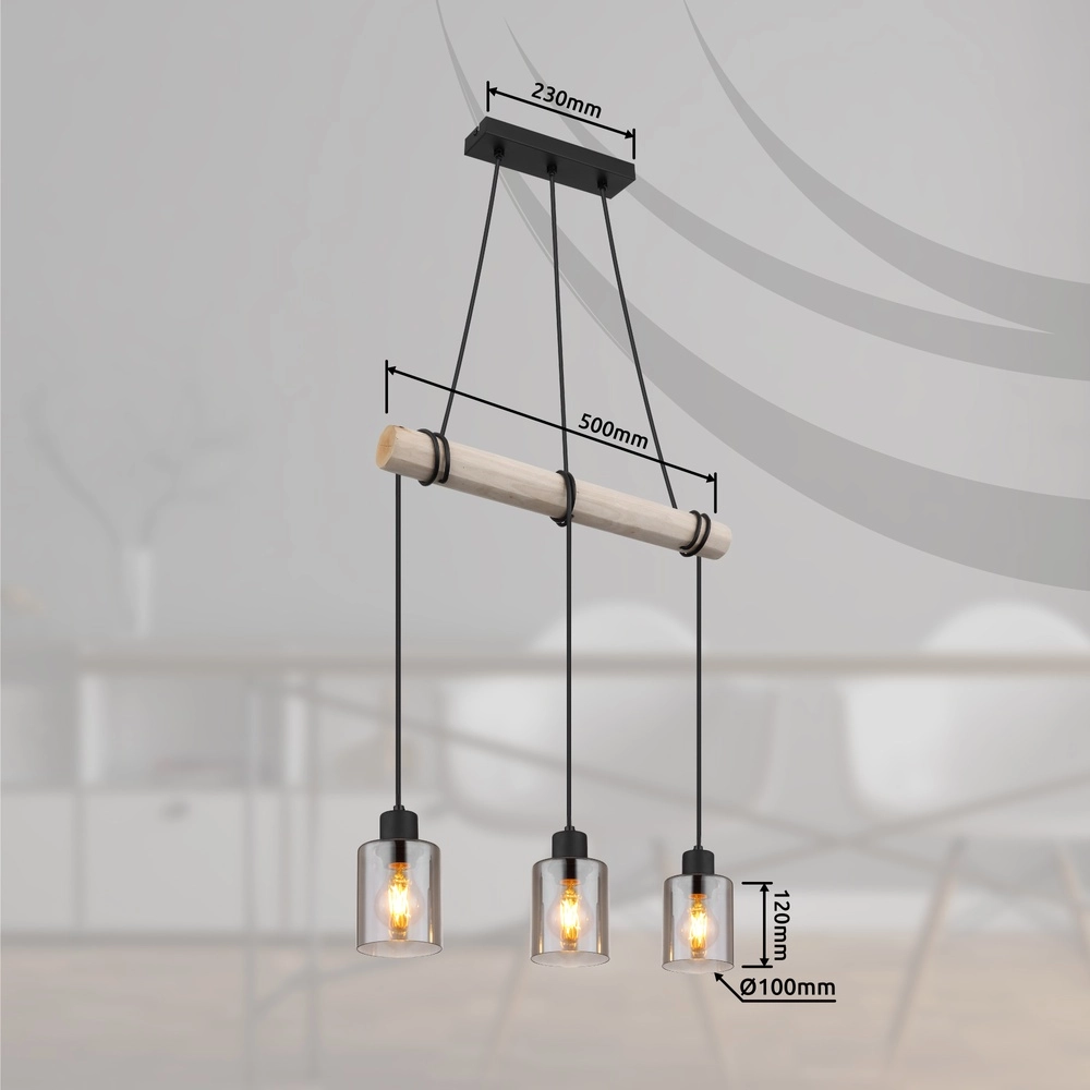 3-light pendant lamp Hadera black with smoke glass Globo 9007371438419