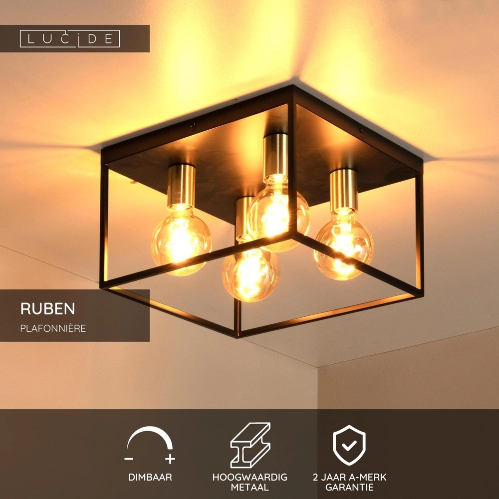 Ceiling lamp Ruben black 36cm square Lucide 5411212010919
