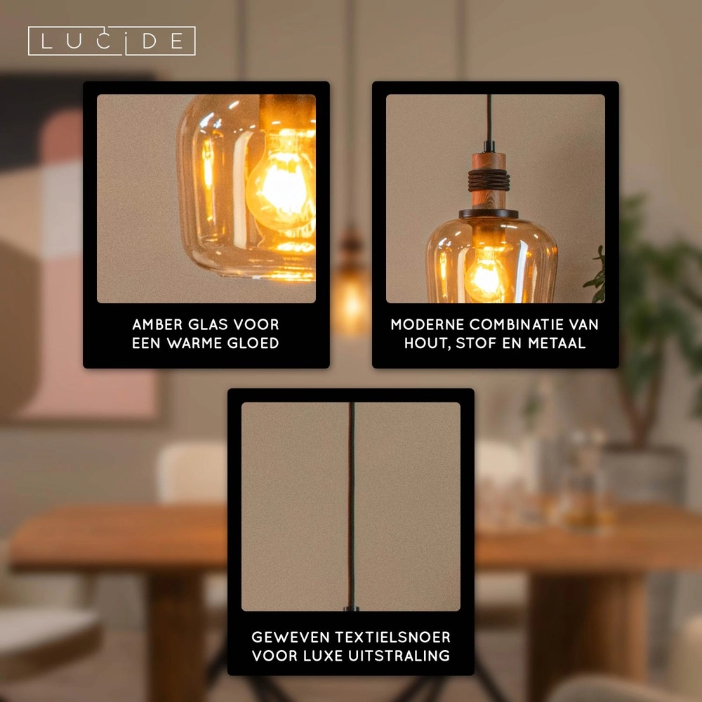 3-light pendant lamp Ilona black with amber glass Lucide 5411212452689