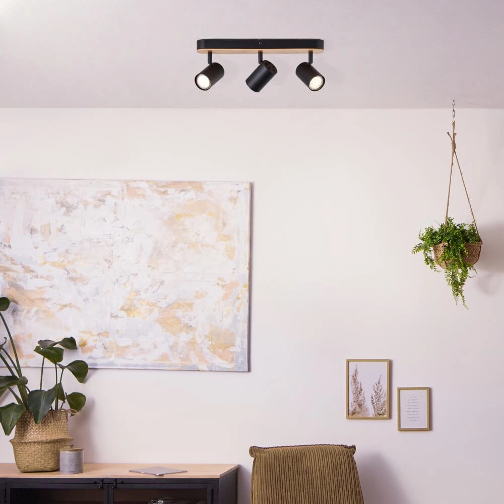Ceiling light Niels 3-light black with wood Brilliant 4004353412059