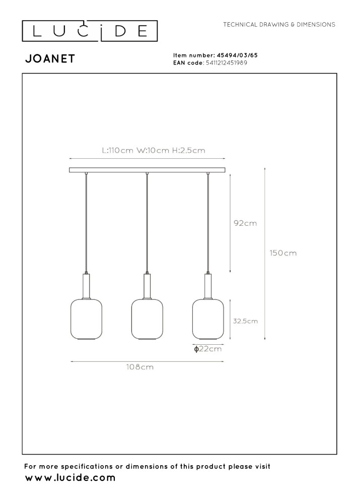 3-lichs pendant lamp Joanet Straight gold with smoke glass Lucide 5411212451989
