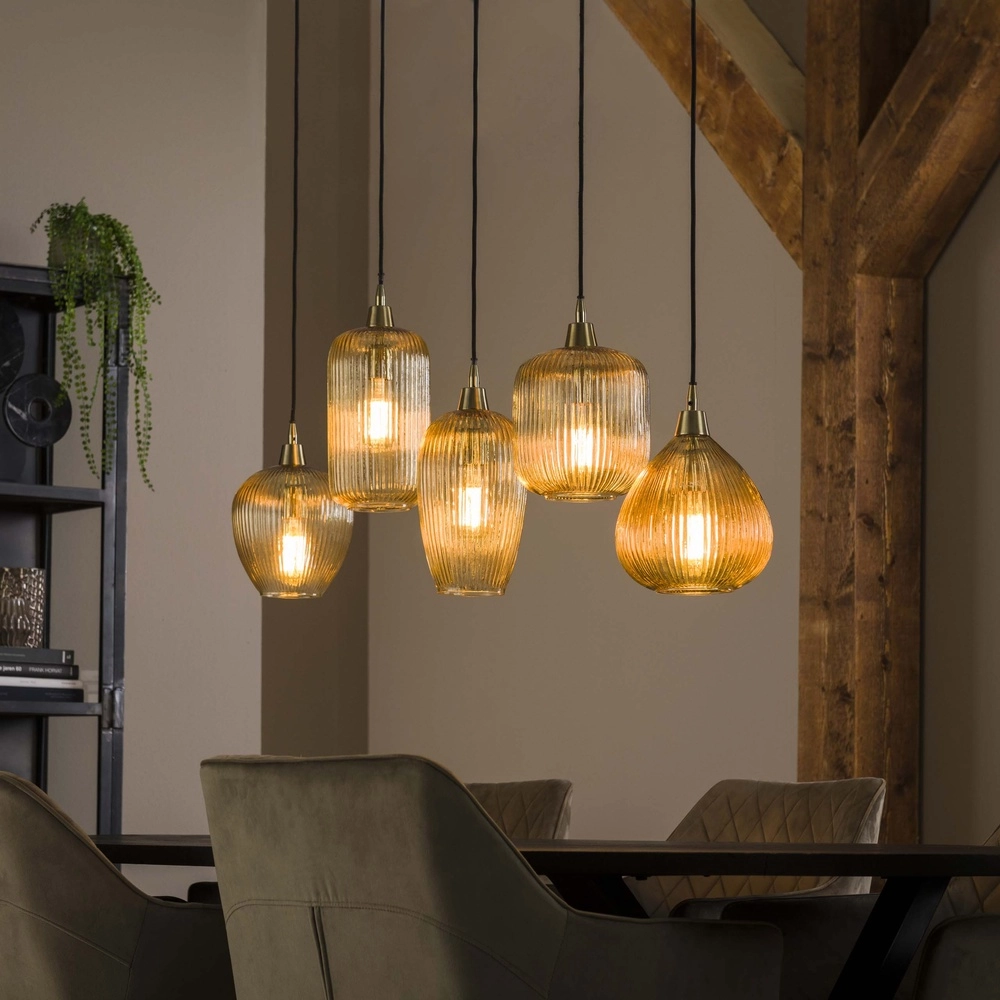 5-light glass pendant light Stripe with amber glass