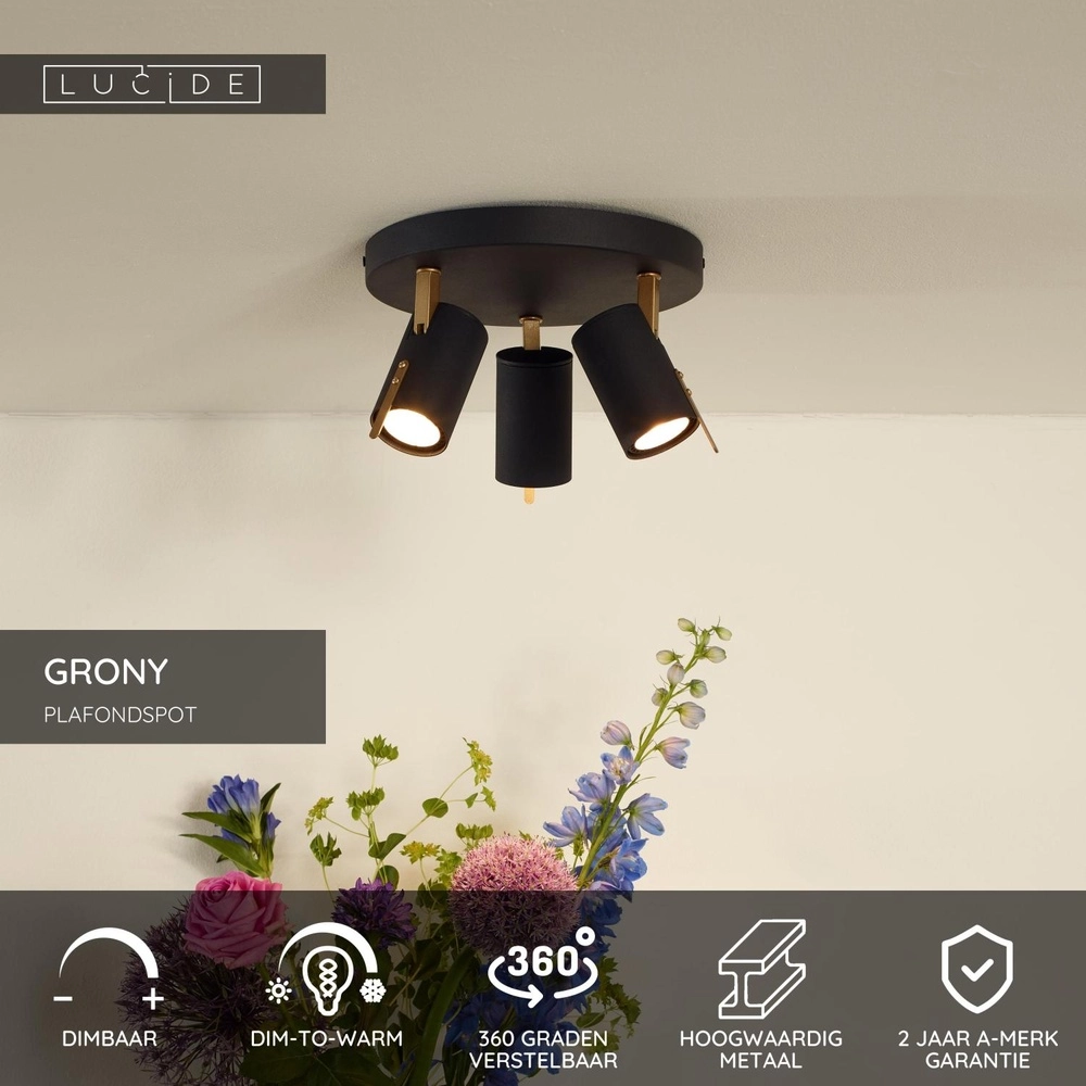 Ceiling lamp Grony 3-light black Lucide 5411212176912