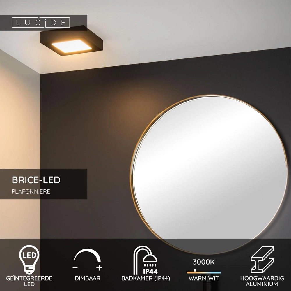 Ceiling light Brice-Led 16.8cm square IP44 black Lucide 5411212281258