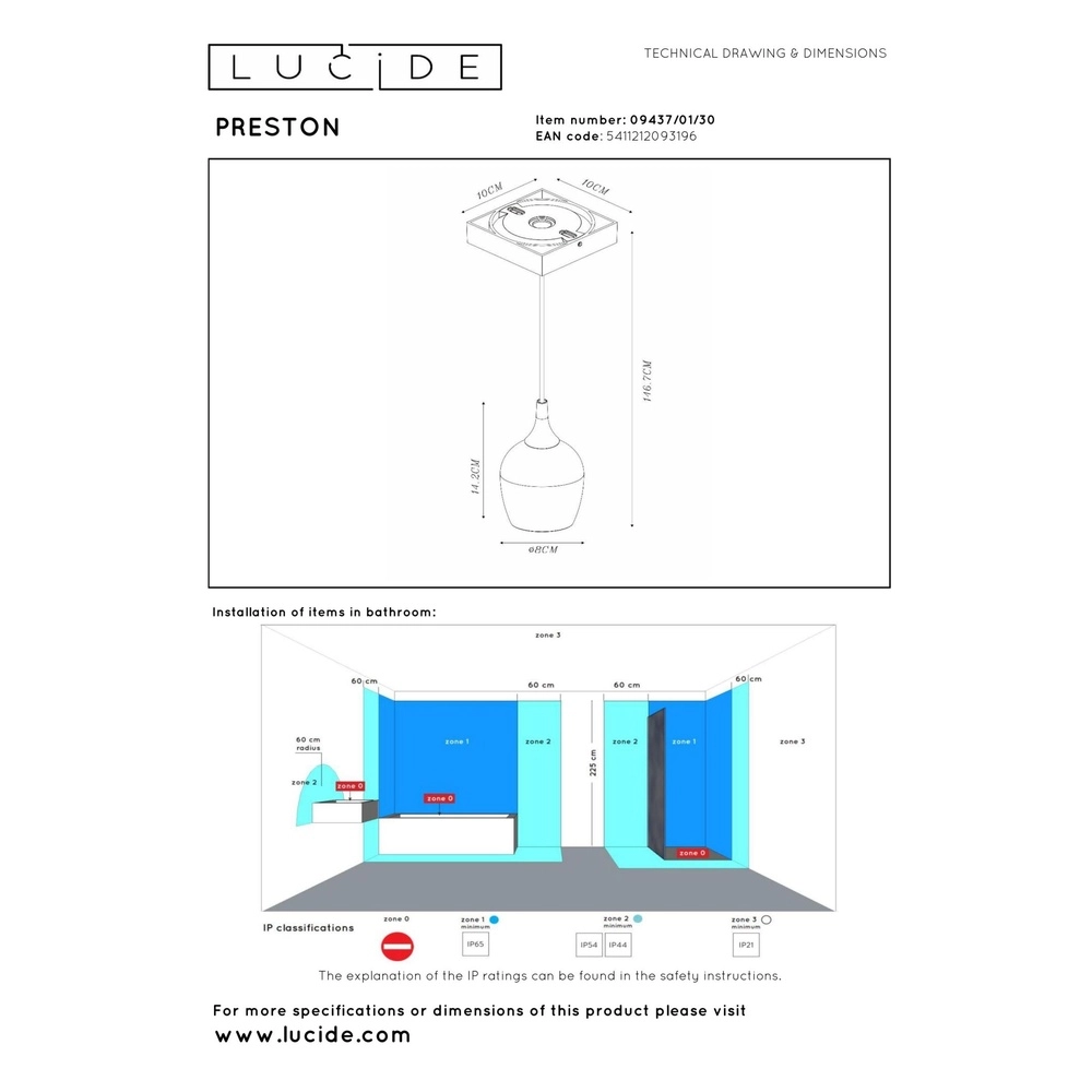 Pendant lamp Preston black IP44 Lucide 5411212093196