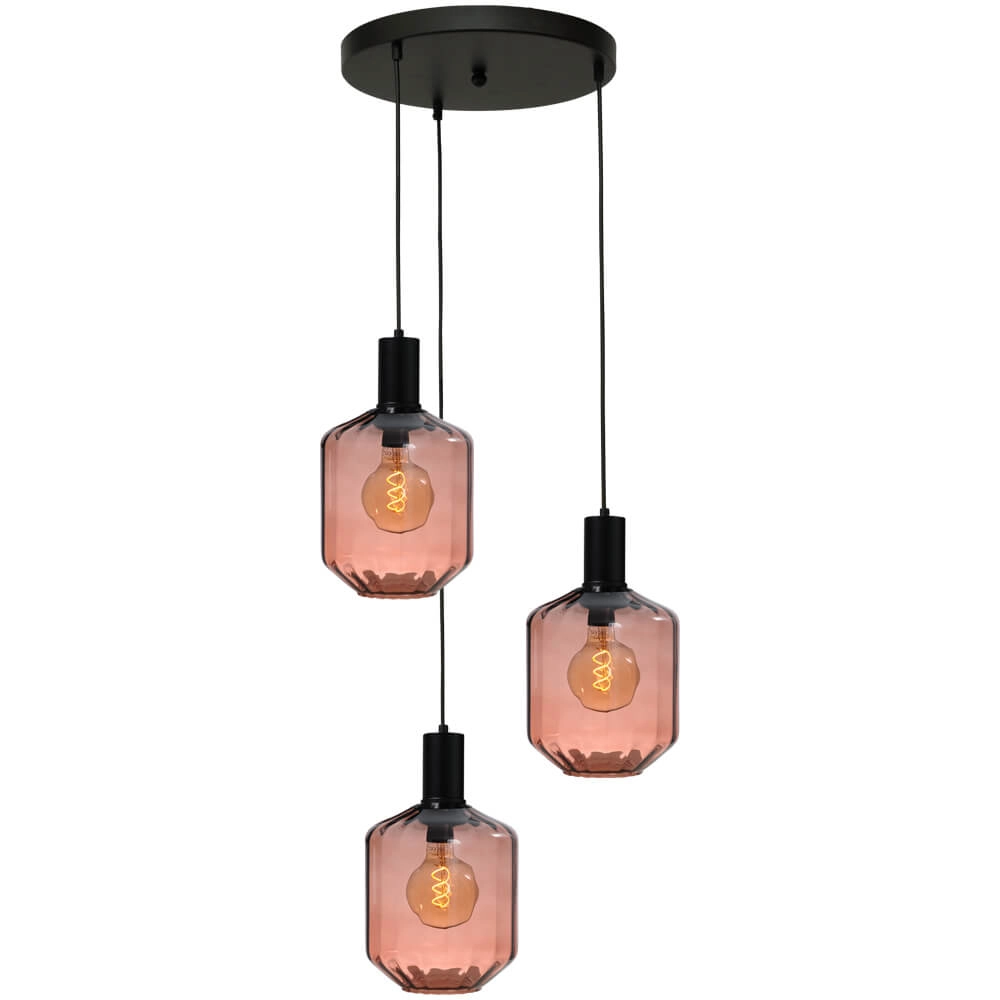 3-light loft hanging lamp - black - Porto with Jagger red glasses - Ø 24cm