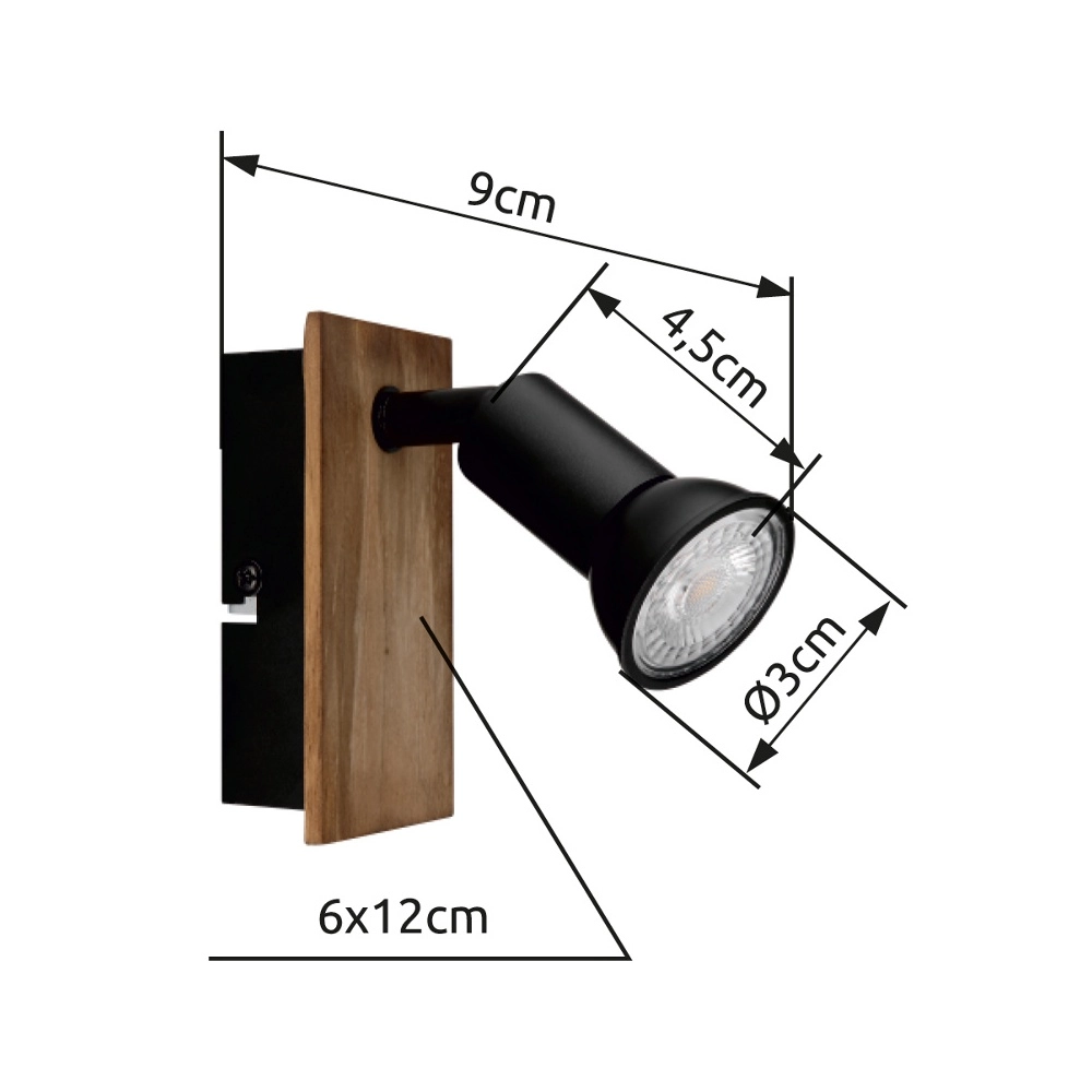 Surface-mounted spot Drew black with wood Globo 9007371442775