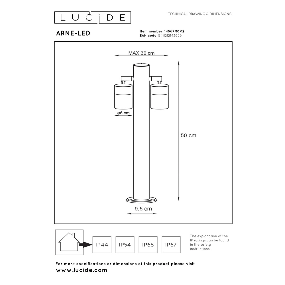 Garden lamp Arne-Led 2-light chrome Lucide 5411212143839