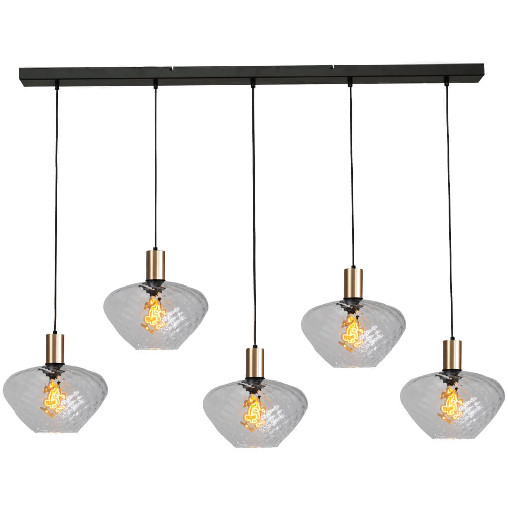 5-light hanging lamp - gold - Porto with Blossom smoke glasses