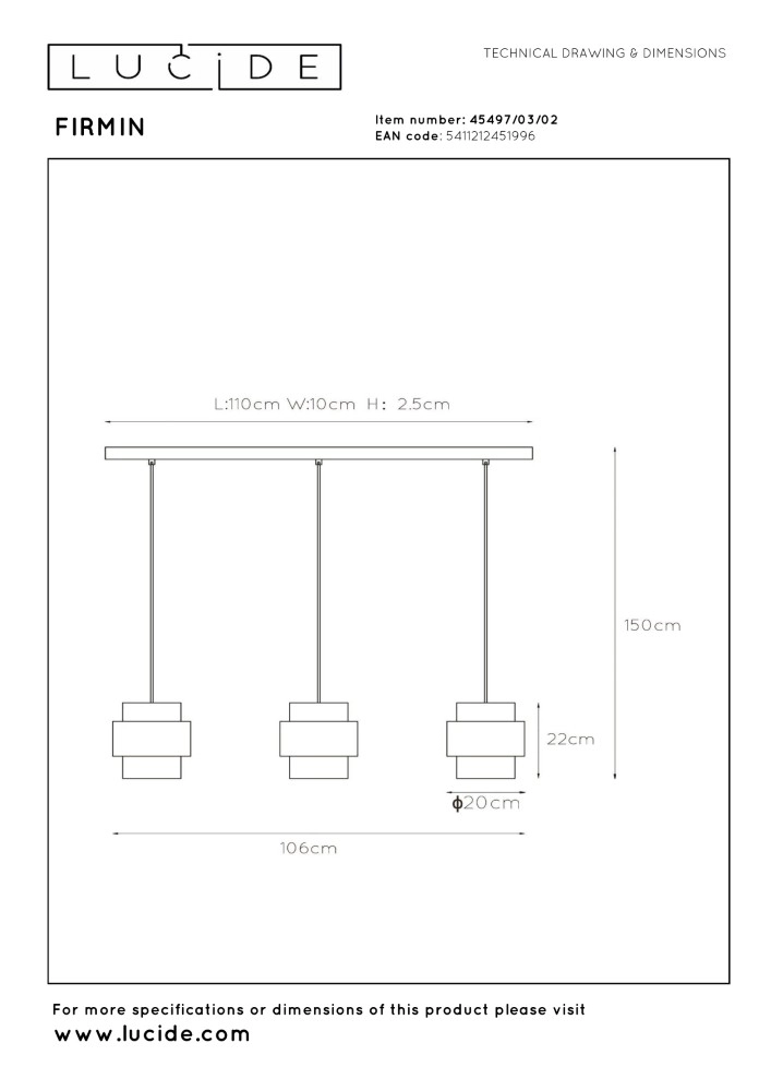 Modern pendant lamp Firmin 3-light Lucide 5411212451996