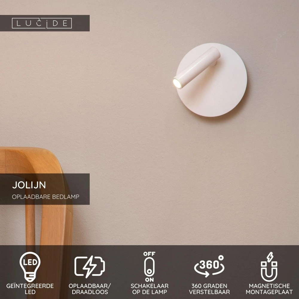 Magnetic wall light Jolijn Rechargeable White Bedside Lamp Lucide 5411212772367